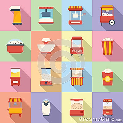 Popcorn maker machine icons set flat vector. Cinema corn Vector Illustration