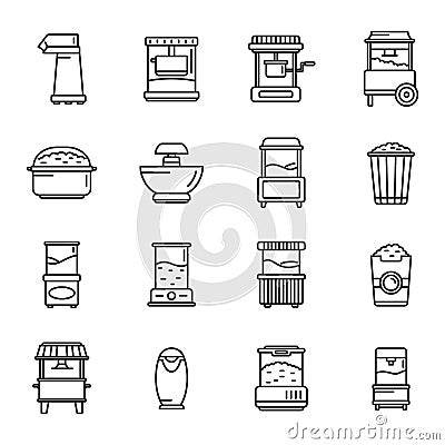 Popcorn maker machine icons set outline vector. Cinema corn Vector Illustration