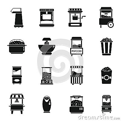 Popcorn maker machine icons set simple vector. Cinema corn Vector Illustration