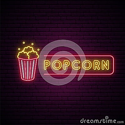 Popcorn neon sign. Glowing neon Popcorn emblem. Snack icon Vector Illustration