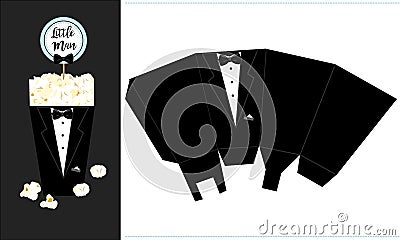 Popcorn paper box. Printable template for little man`s birthday party. Black groom tuxedo Vector Illustration