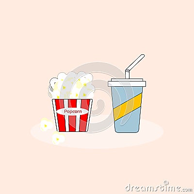 Popcorn in red striped bucket and Soft Drink on Pink Background.Vector Illustration. Cinema Movie Entertainment Vector Illustration