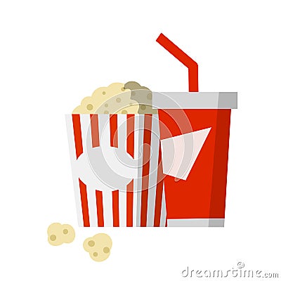 Popcorn and soda. Set of snack for cinema. Corn food and red striped packaging Vector Illustration