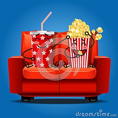 Popcorn and soft drink eating popcorn Vector Illustration