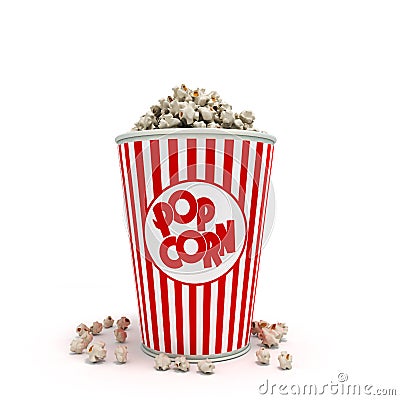 Popcorn in striped bucket 3d render on white background Stock Photo