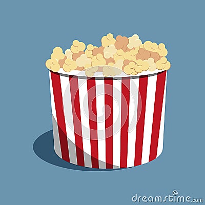 Popcorn striped bucket full of popcorn. Vector Illustration. Cinema food on the blue background Vector Illustration