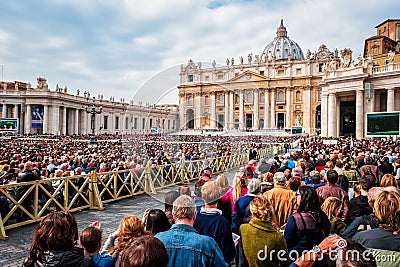 Pope Francis holds a General Audience on st. Peter's square filled with many pilgrims in Rome, Italy Editorial Stock Photo