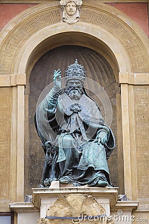 Pope Gregory XIII statue on King Enzo palace at Bologna main square Editorial Stock Photo