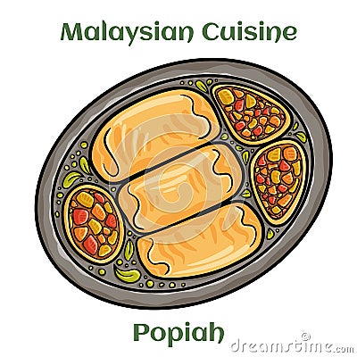 Popiah. A thin paperlike crepe or pancake wrapper stuffed with a filling made of cooked vegetables and meats. Malaysian Cuisine Vector Illustration