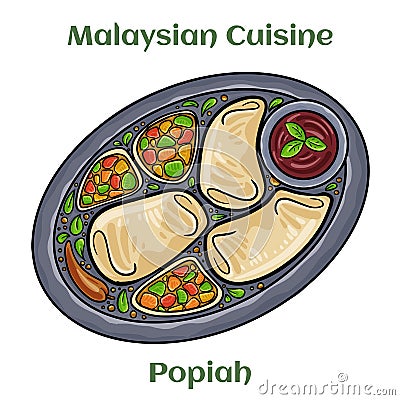 Popiah. A thin paperlike crepe or pancake wrapper stuffed with a filling made of cooked vegetables and meats. Malaysian Cuisine Vector Illustration
