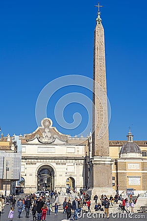 Popolo square, obelisk in evidence, countless people circulating in the Italian city of Rome. Editorial Stock Photo