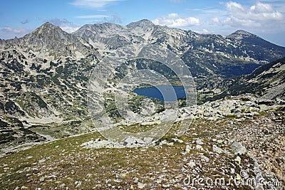 Popovo lake and Polezhan peak, view form Dzhano peak, Pirin Mountain Stock Photo