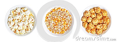 Popcorn, unpopped, popped and caramel coated, in white bowls Stock Photo