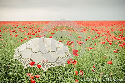 Poppies field with umbrella. Artistic interpretation Stock Photo