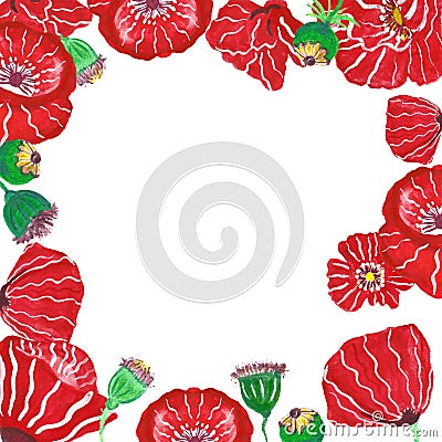 Poppies flowers frame template. Colorful hand drawn watercolor and gouache illustration with space for text on white background. Cartoon Illustration