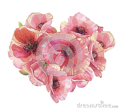 Poppies heart shaped. Watercolor illustration. Cartoon Illustration