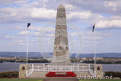 Poppies laid in front of the State War Memorial, Kings Park, Perth. Stock Photo