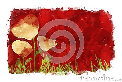 Poppies on red watercolor background, red tones image, flower watercolor painting Cartoon Illustration