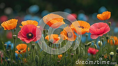 Poppies Spring field, red color wild flowers, closeup view Stock Photo