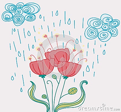 Poppies under the rain romantic card Cartoon Illustration