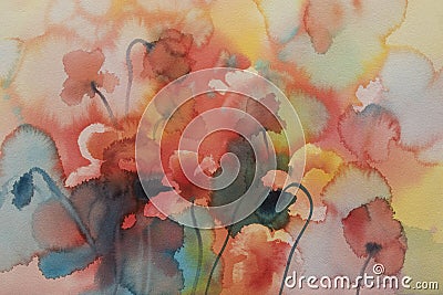 Poppies watercolor background unfinished Stock Photo