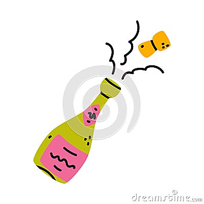 Popping Champagne Bottle with Cork as Festive Symbol Vector Illustration Vector Illustration