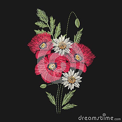 Poppy and camomile flowers embroidered with red and green stitches on black background. Embroidery design with beautiful Vector Illustration