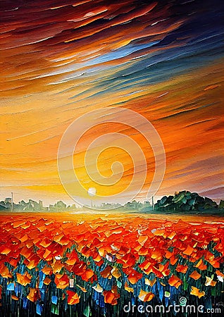 Poppy field beautiful sunrise oil knife painting Stock Photo