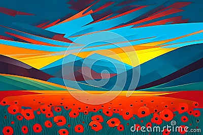 Poppy Field at Sunset - A cubist inspired painting using geometric shapes and fragmented forms. Generative AI Stock Photo