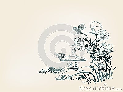 Poppy flower toro bird nature landscape view vector sketch illustration japanese chinese art ink card background Cartoon Illustration