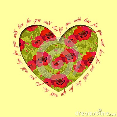 Poppy heart design. Floral love card. Vector Illustration