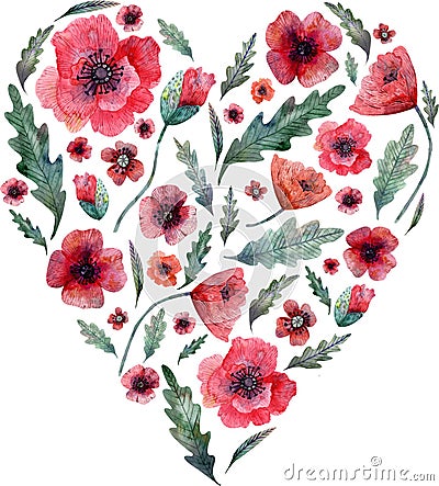 Poppy heart. Red flowers and green leaves on heart shape isolated on white background. Watercolor illustration Cartoon Illustration