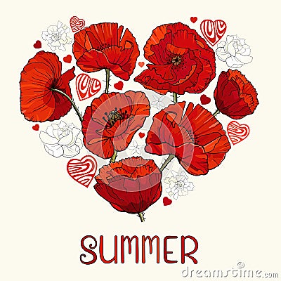 Poppy heart summer card Vector Illustration