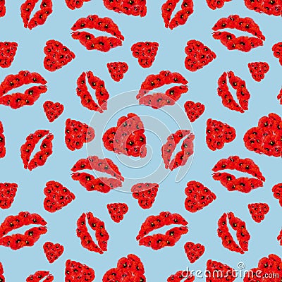 Poppy Hearts and Lips Seamless Pattern on Light Blue Background. Stock Photo