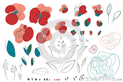 Poppy line-art abstract floral elements Vector Illustration