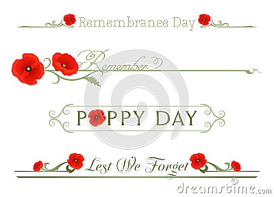 A set of poppy Remembrance Day themed divider lines Vector Illustration