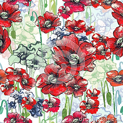 Poppy pattern red and green Stock Photo