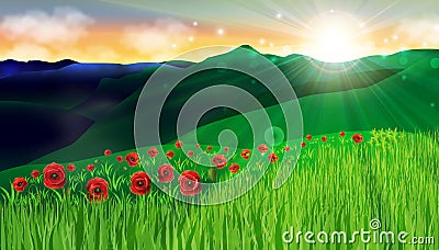 Poppy red flowers green grass fields amazing sunset landscape harmony peace background Vector Illustration