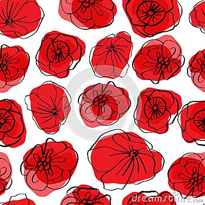 Poppy seamless pattern. Red poppies on white background. Can be uset for textile, wallpapers, prints and web design Cartoon Illustration