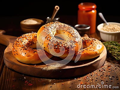 Poppy Seed Bagel Isolated, One Round Bread Bun, Poppyseed Wheat Bakery for Breakfast Stock Photo