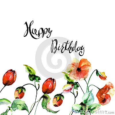 Poppy and Tulips flowers with title Happy Birthday Cartoon Illustration