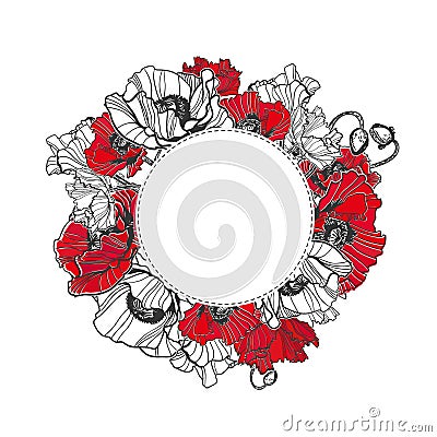 Poppy vector frame card flower circle isolated Stock Photo