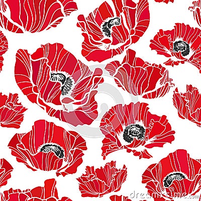 Poppy vector pattern sketch line white black red Stock Photo