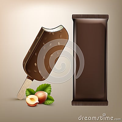 Popsicle Choc-ice Lollipop Ice Cream in Chocolate Glaze with Nuts on Stick with Brown Plastic Foil Wrapper and Hazelnuts Vector Illustration