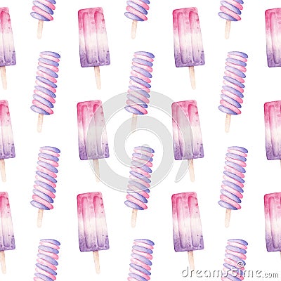 Popsicles digital paper. Seamless pattern summer background. Watercolor hand drawn ice cream food illustration. Cartoon Illustration