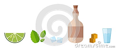 Popular alcoholic cocktail Mojito, ingredients in flat style Vector Illustration
