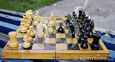 Popular arrangement of chess pieces - Spanish game on a chessboard Stock Photo