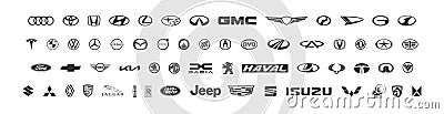 60 popular brands of cars. Set logo of car emblems. Audi, Toyota, Honda, Tesla, BMW, VW, Mercedes, Ford Vector Illustration