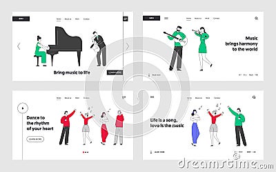 Popular and Classic Music Website Landing Page Set. Musicians Performing on Stage with Instruments. Young People Vector Illustration