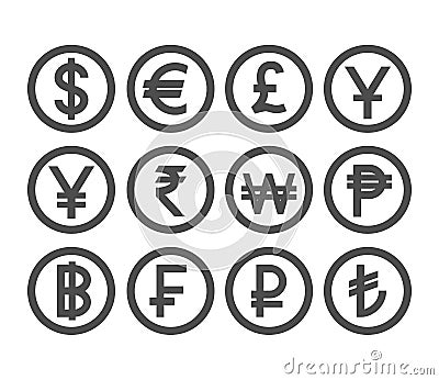Popular currency coin collection. Countries currencies coins icon set. Vector Illustration